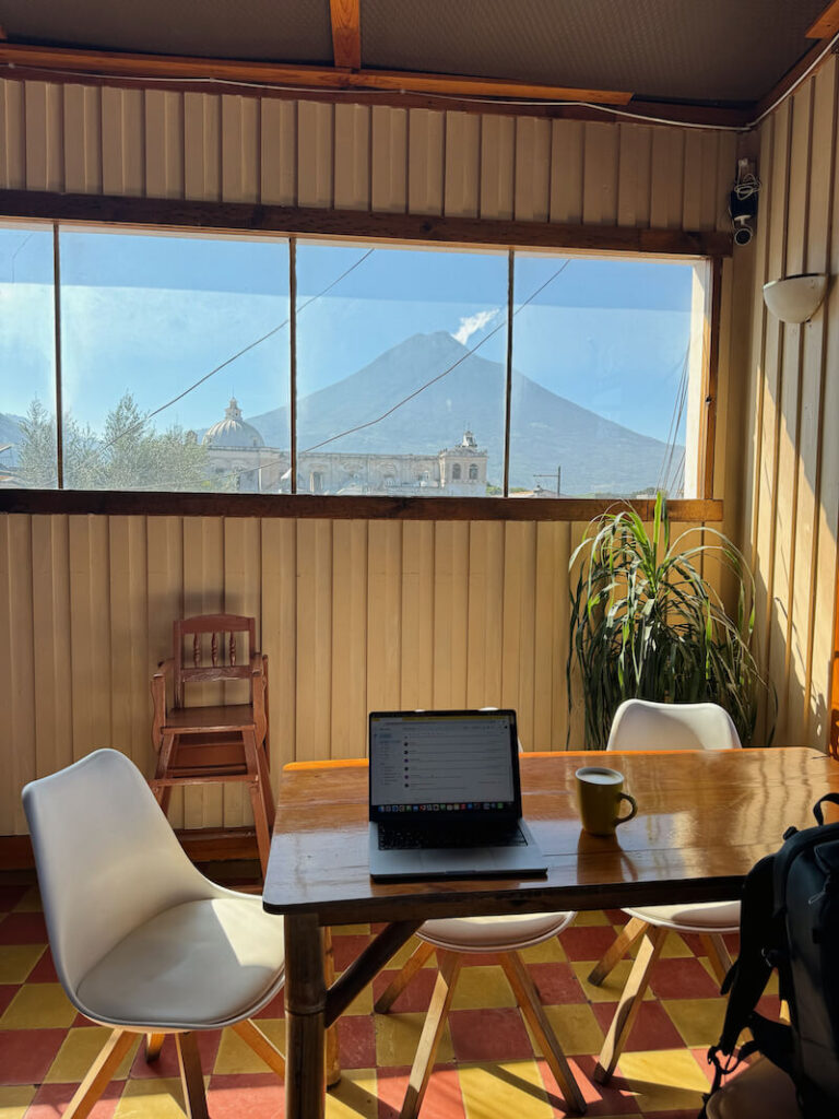 Cafe in Antigua Guatemala volcano views rooftop laptop friendly