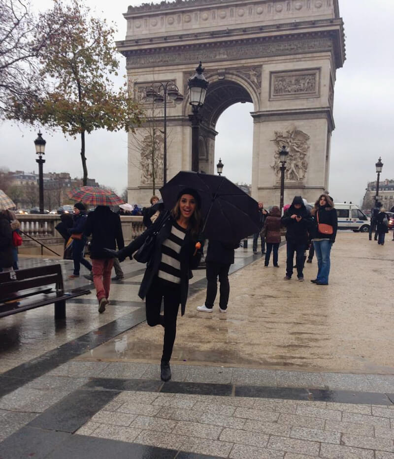 woman rain umbrella paris arc de triomphe