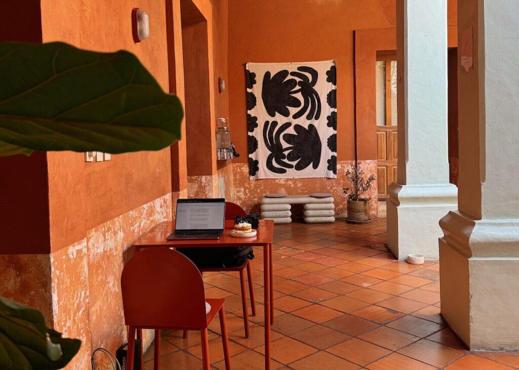 working from cafe on laptop in Oaxaca City
