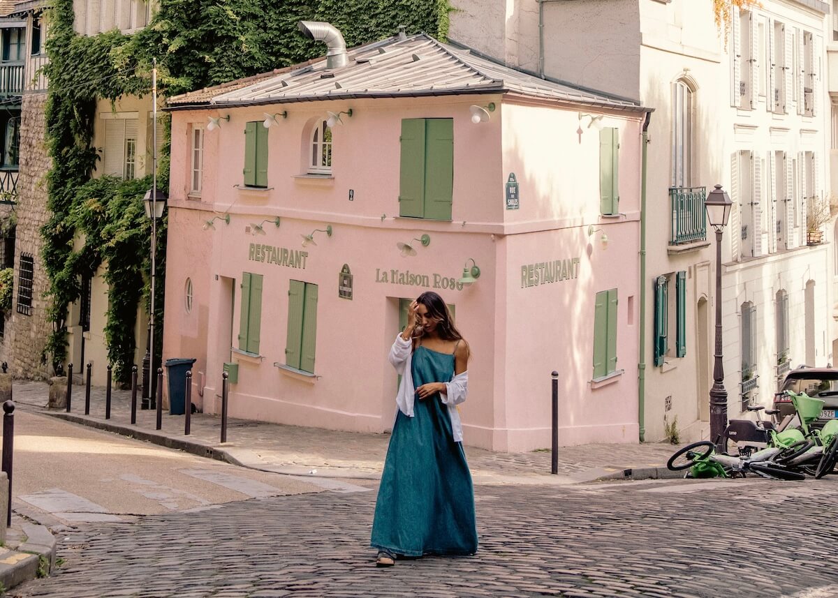 woman in dress walking montmarte paris france